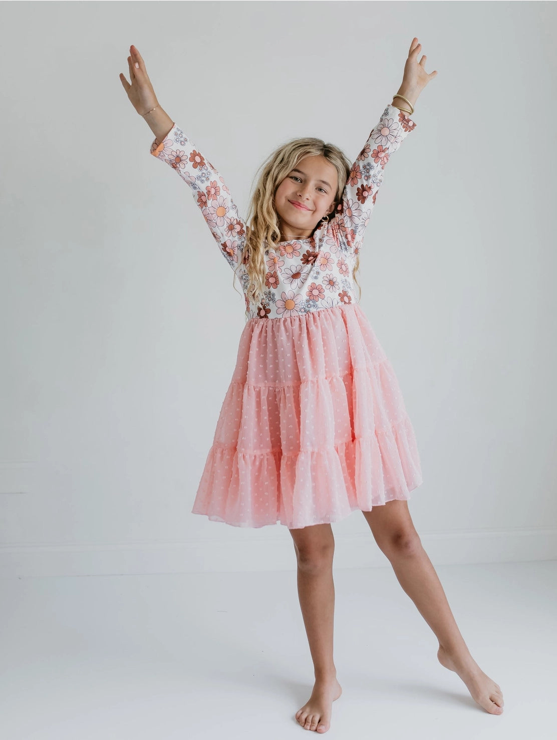 Girls Pink Retro Tulle Flower Dress
