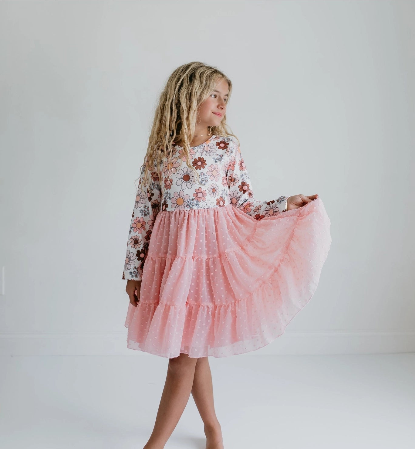 Girls Pink Retro Tulle Flower Dress