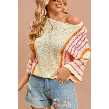 Striped 3/4 Wide Sleeve Sweater