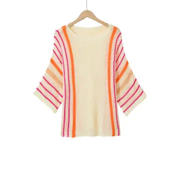 Striped 3/4 Wide Sleeve Sweater