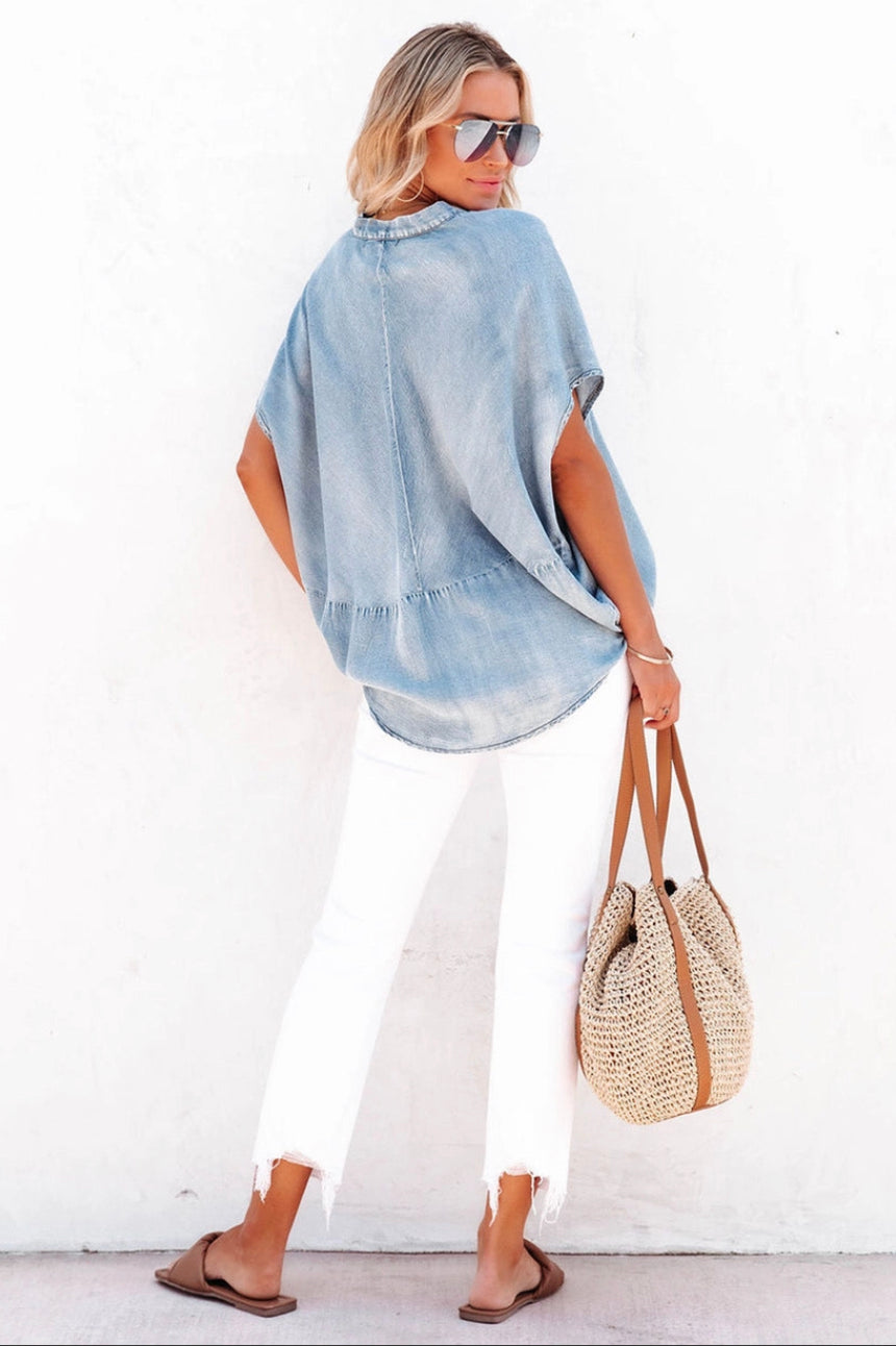 Split V-neck Oversized Denim Blouse