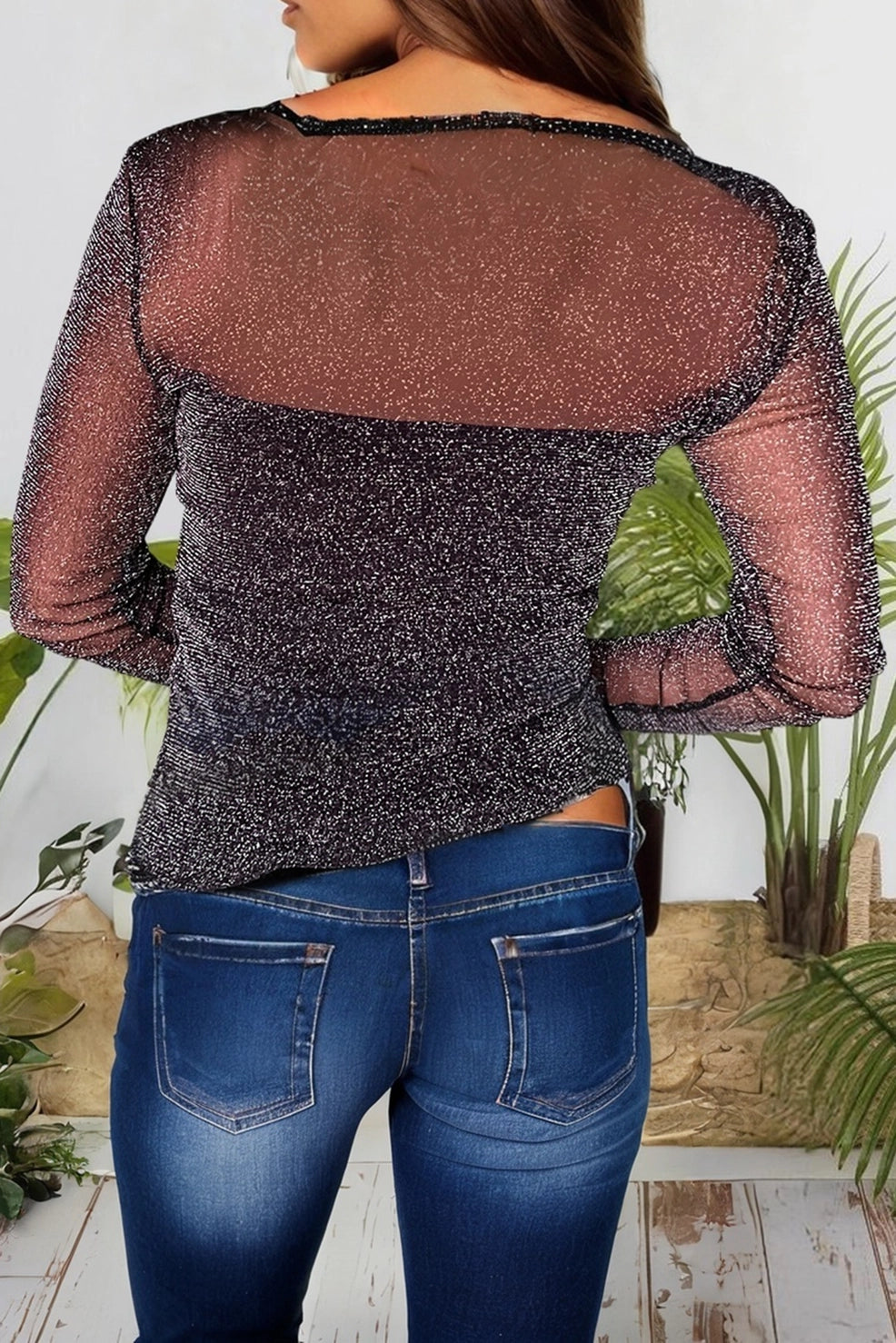 Metallic Glitter Mesh Crewneck