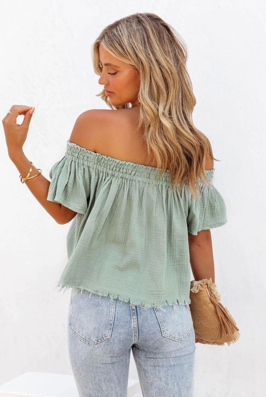 Off Shoulder Ruched Ruffle Blouse