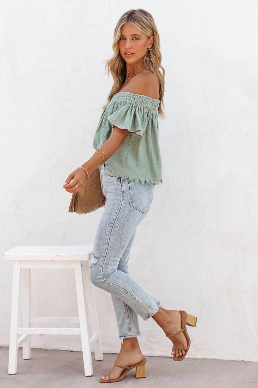 Off Shoulder Ruched Ruffle Blouse