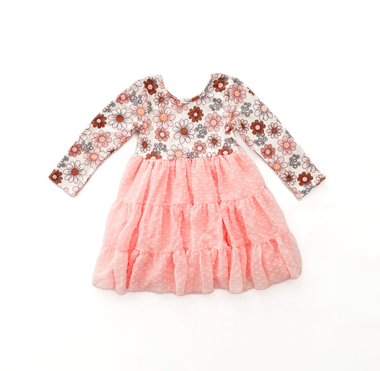 Girls Pink Retro Tulle Flower Dress